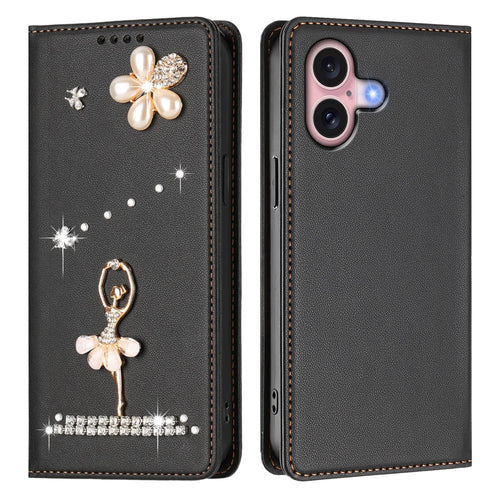For iPhone 16 Leather Case RFID Blocking Wallet Stand Rhinestones Ballet Dancer Flip Phone Cover - Black - 1