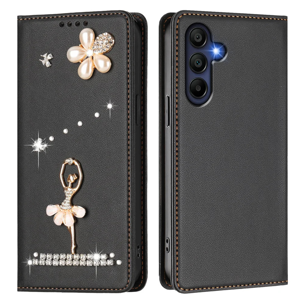 For Samsung Galaxy A16 4G / Galaxy A16 5G Leather Case RFID Blocking Wallet Stand Rhinestones Ballet Dancer Flip Phone Cover - Black - 1