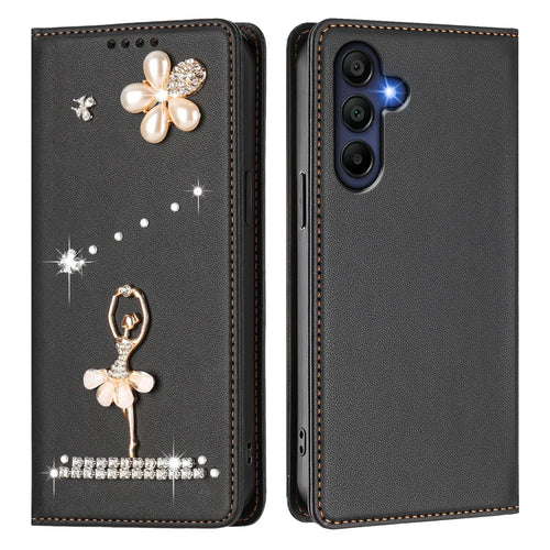 For Samsung Galaxy A16 4G / Galaxy A16 5G Leather Case RFID Blocking Wallet Stand Rhinestones Ballet Dancer Flip Phone Cover - Black - 1