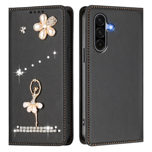 For Samsung Galaxy A37 5G / A56 5G / A36 5G Leather Case RFID Blocking Wallet Stand Rhinestones Ballet Dancer Flip Phone Cover - Black - 1
