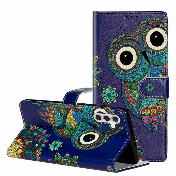 For Samsung Galaxy A37 5G Case Pattern Leather Wallet Phone Cover with Strap - Blue Owl - 1