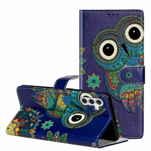 For Samsung Galaxy A57 5G Case Pattern Leather Wallet Phone Cover with Strap - Blue Owl - 1