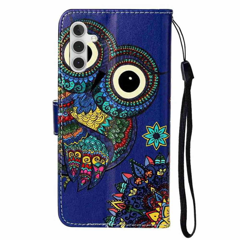 For Samsung Galaxy A57 5G Case Pattern Leather Wallet Phone Cover with Strap - Blue Owl - 2