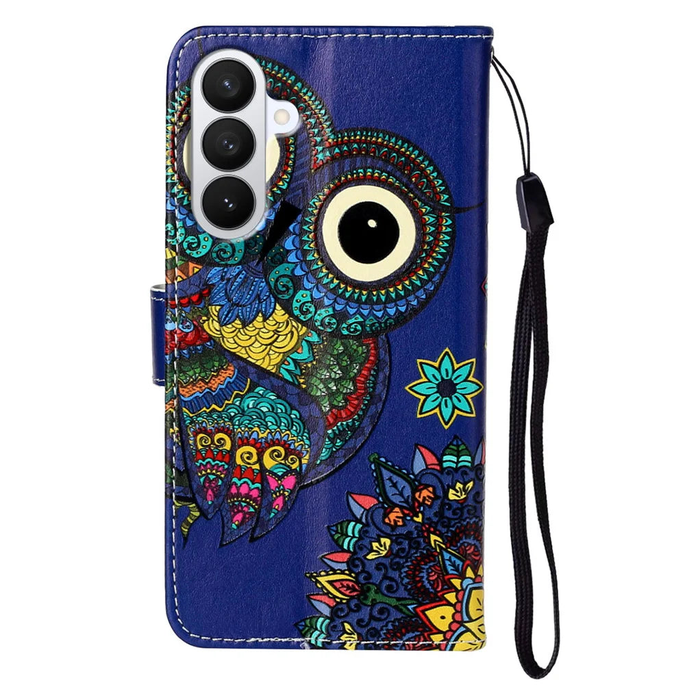 For Samsung Galaxy S26 Case Pattern Leather Wallet Phone Cover with Strap - Blue Owl - 2