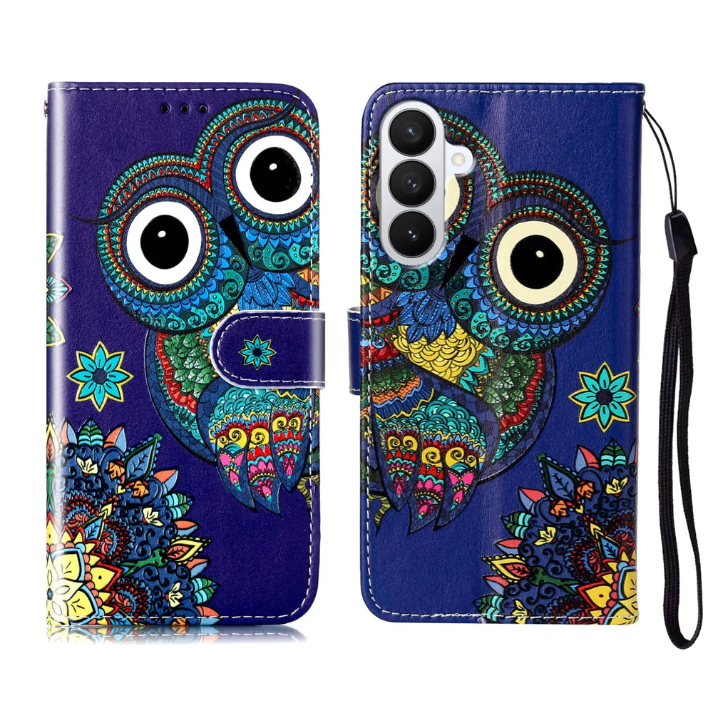 For Samsung Galaxy S26+ Case Pattern Leather Wallet Phone Cover with Strap - Blue Owl - 1