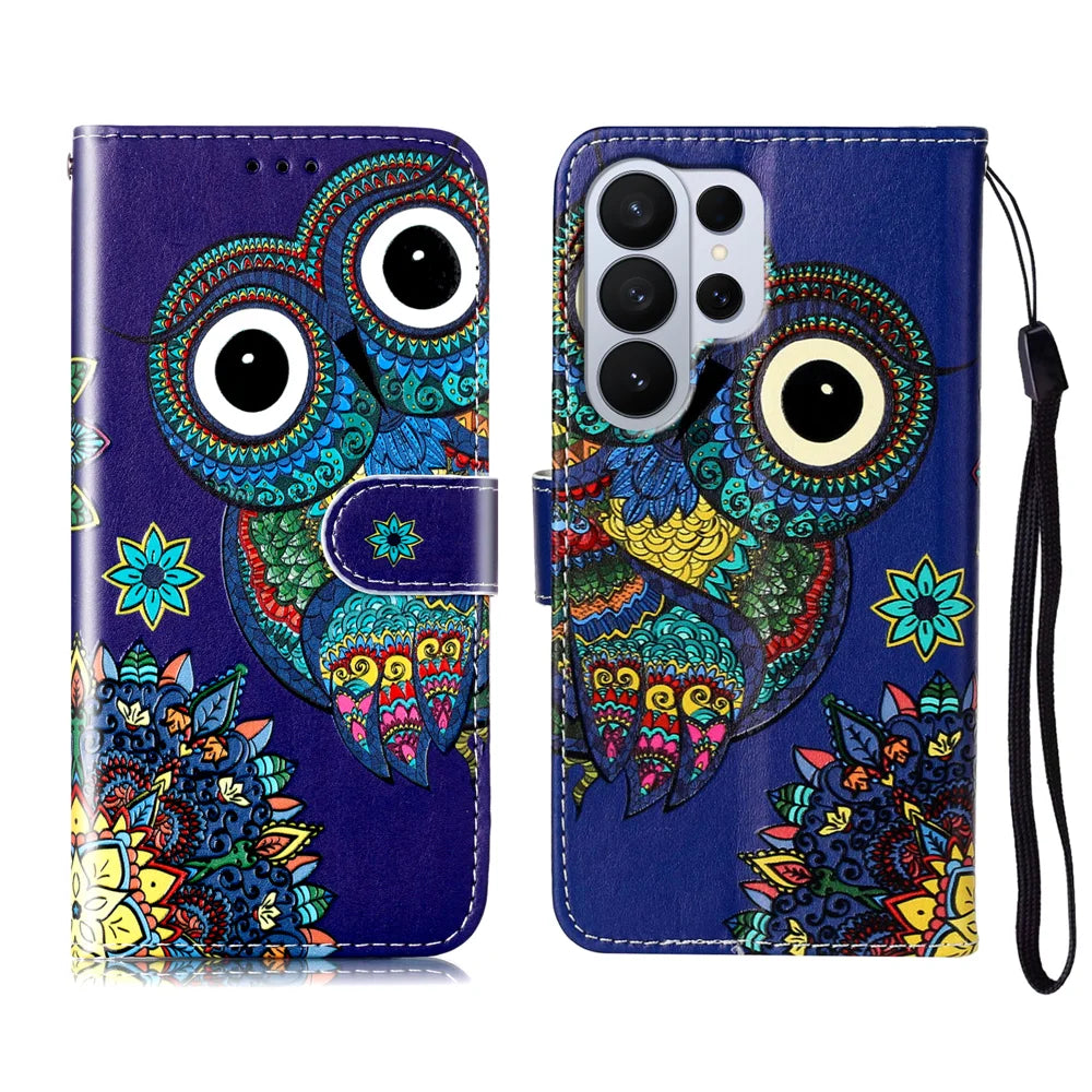 For Samsung Galaxy S26 Ultra Case Pattern Leather Wallet Phone Cover with Strap - Blue Owl - 1