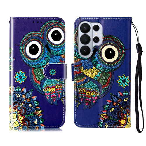 For Samsung Galaxy S26 Ultra Case Pattern Leather Wallet Phone Cover with Strap - Blue Owl - 1