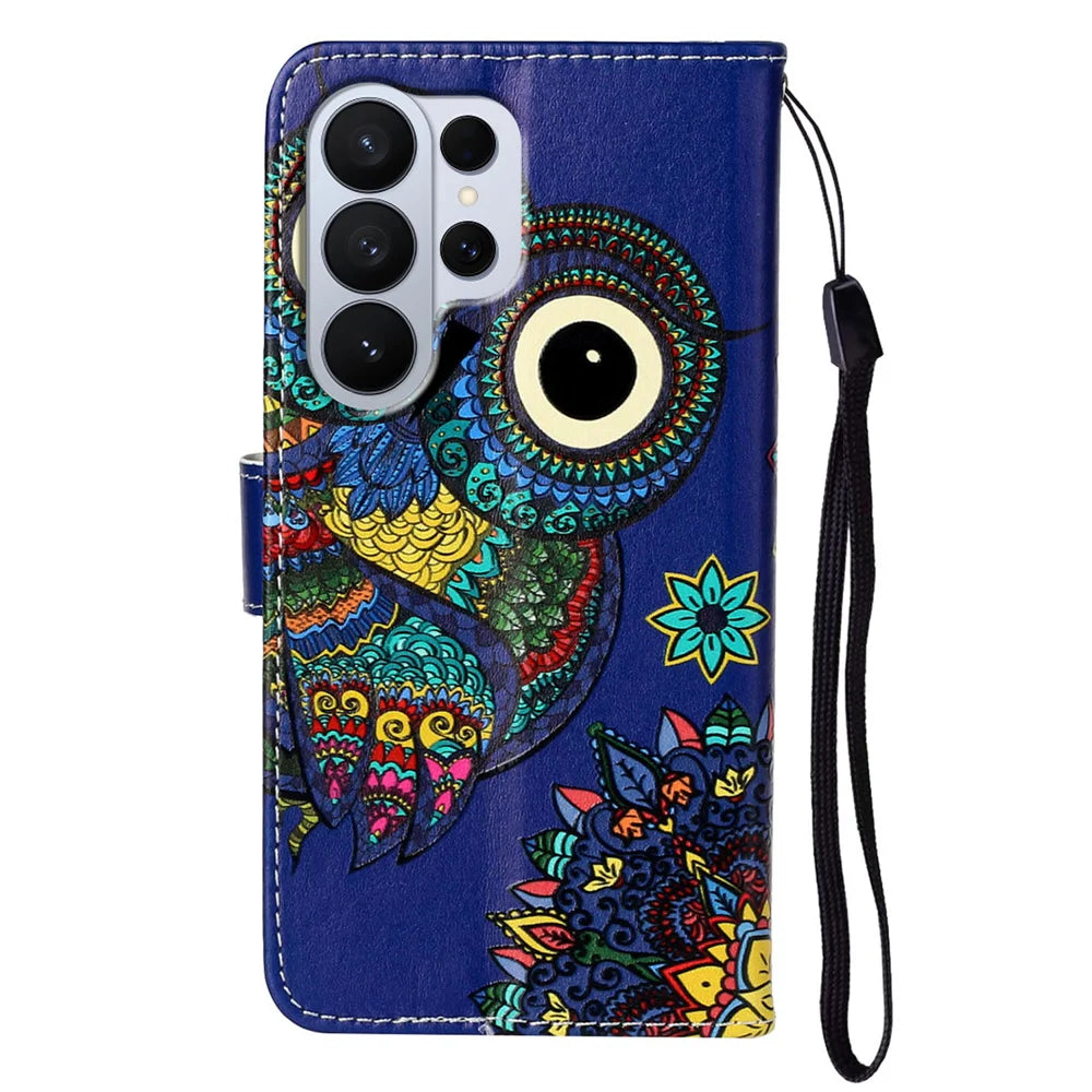 For Samsung Galaxy S26 Ultra Case Pattern Leather Wallet Phone Cover with Strap - Blue Owl - 2