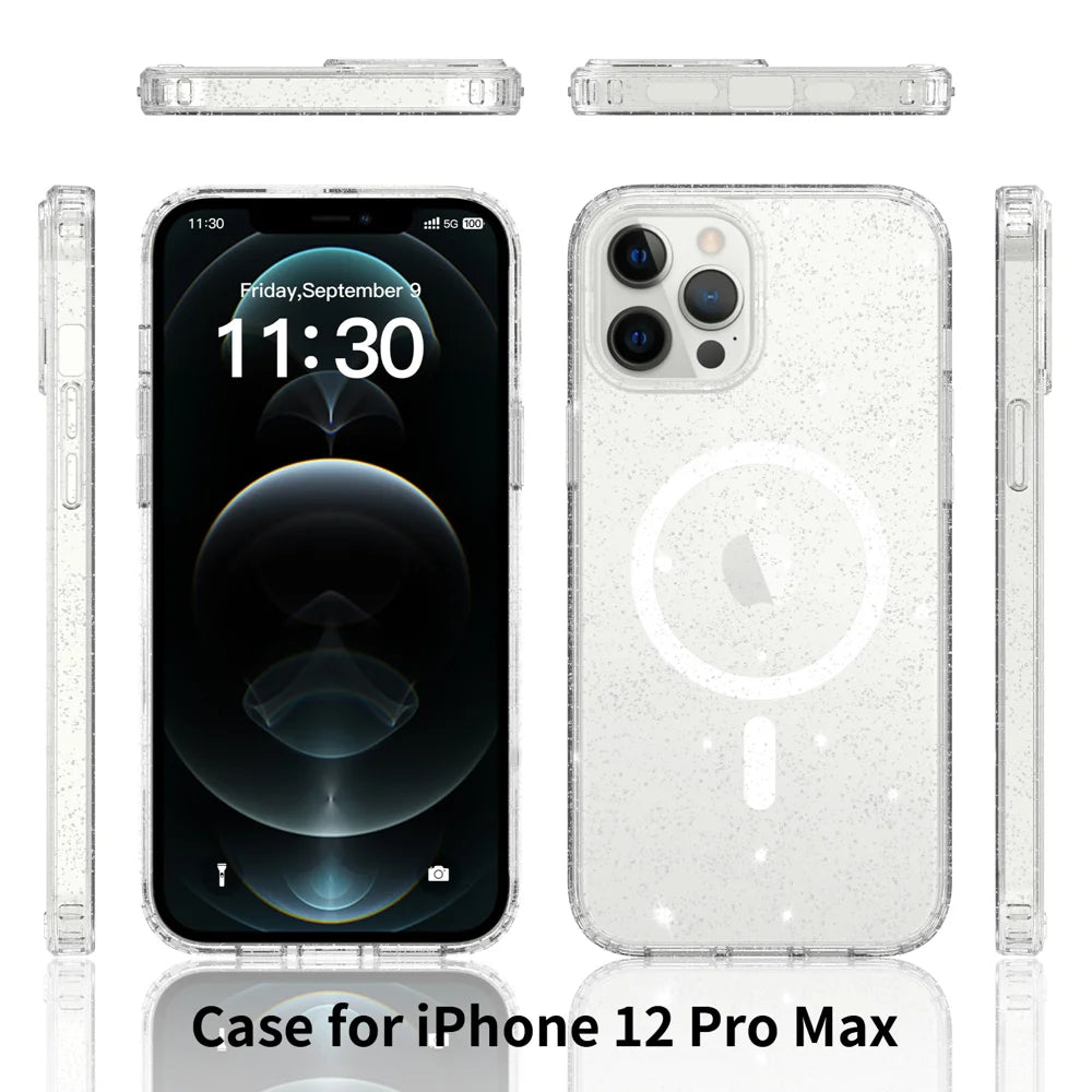 For iPhone 12 Pro Max Magnetic Case Glitter Design TPU PC PET Drop Proof Phone Cover - Transparent - 2
