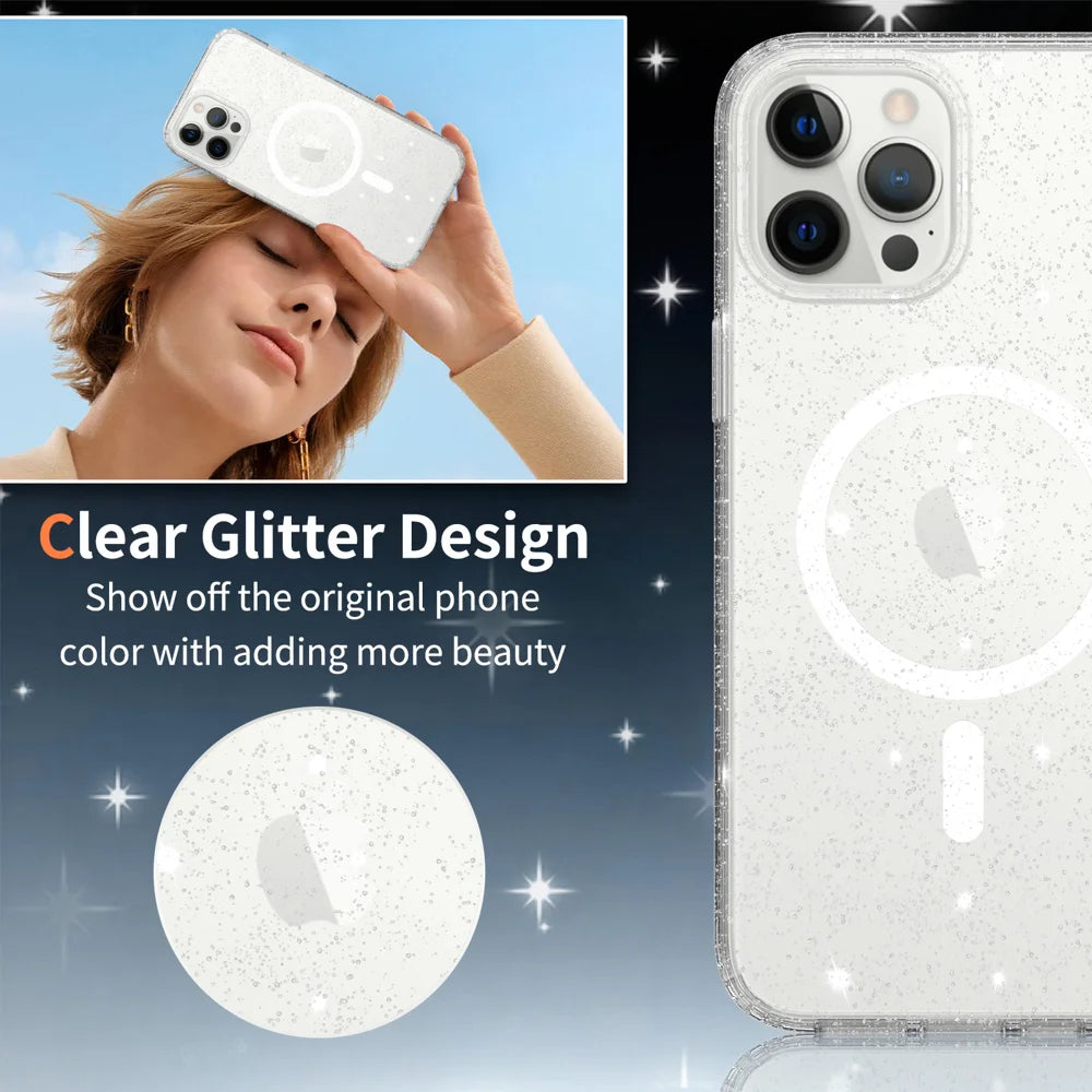 For iPhone 12 Pro Max Magnetic Case Glitter Design TPU PC PET Drop Proof Phone Cover - Transparent - 3
