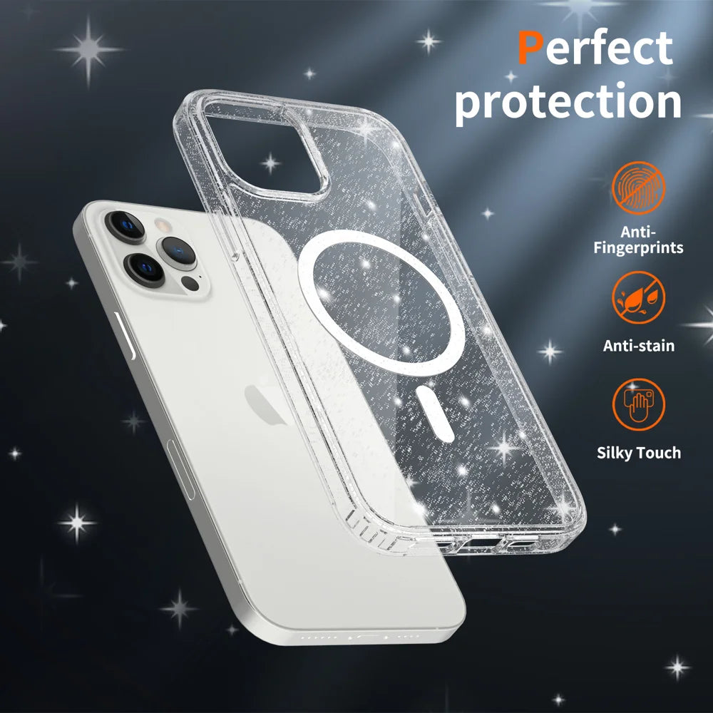For iPhone 12 Pro Max Magnetic Case Glitter Design TPU PC PET Drop Proof Phone Cover - Transparent - 6