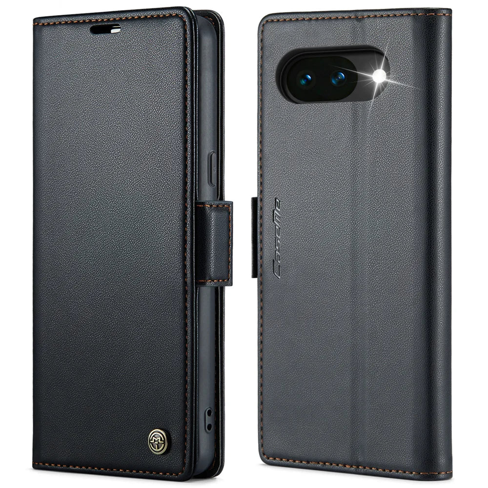 CASEME For Google Pixel 10a Case  023 Series RFID Blocking Wallet Stand Glossy Litchi Texture Leather Phone Cover - Black - 1