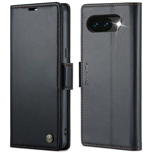 CASEME For Google Pixel 10a Case  023 Series RFID Blocking Wallet Stand Glossy Litchi Texture Leather Phone Cover - Black - 1