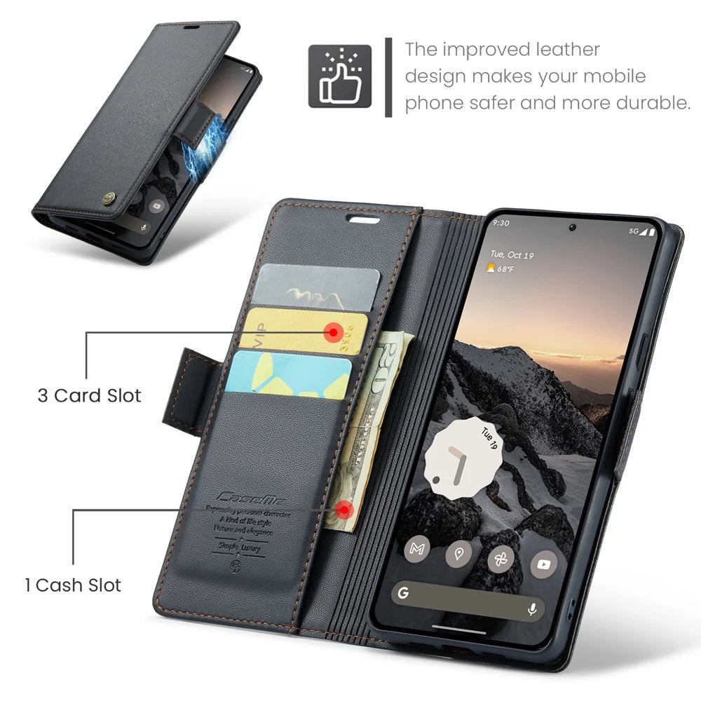 CASEME For Google Pixel 10a Case  023 Series RFID Blocking Wallet Stand Glossy Litchi Texture Leather Phone Cover - Black - 2
