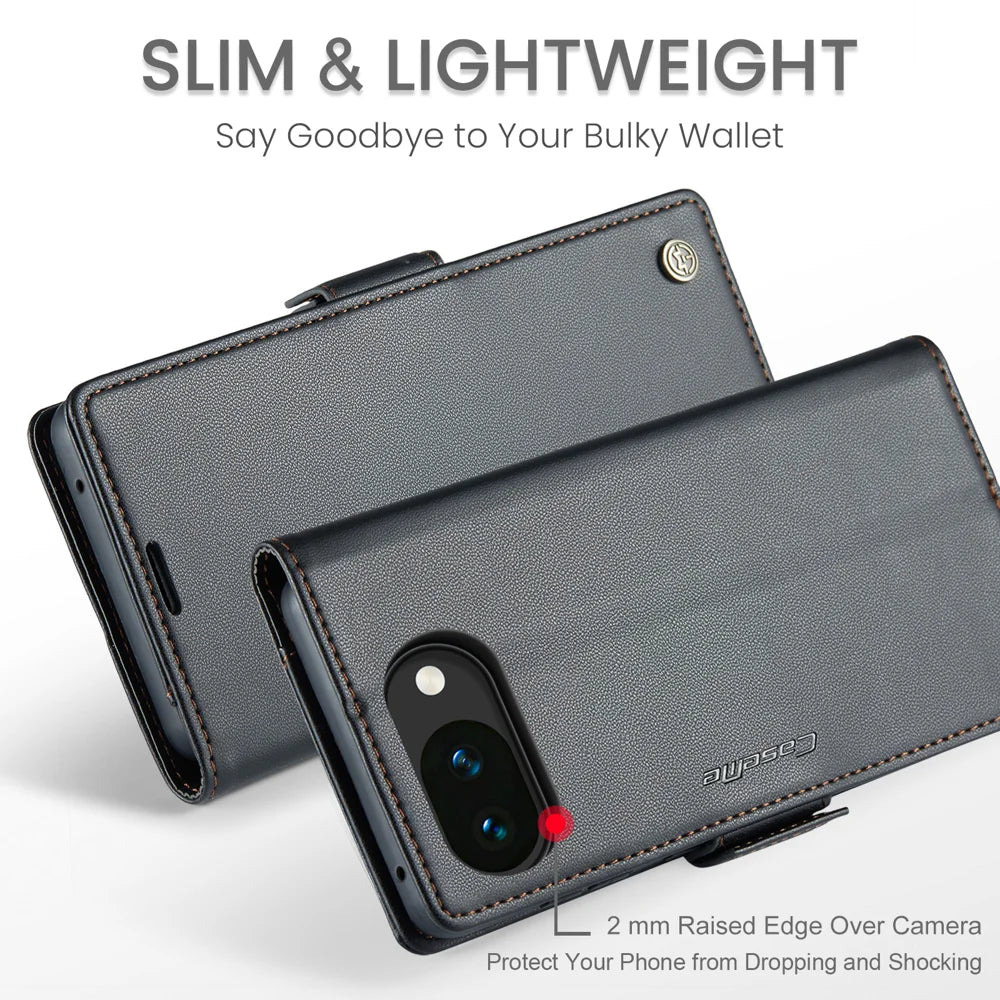 CASEME For Google Pixel 10a Case  023 Series RFID Blocking Wallet Stand Glossy Litchi Texture Leather Phone Cover - Black - 5