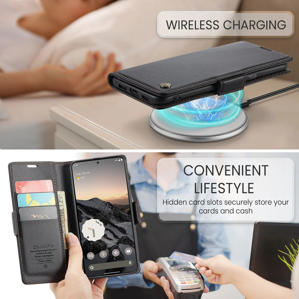 CASEME For Google Pixel 10a Case  023 Series RFID Blocking Wallet Stand Glossy Litchi Texture Leather Phone Cover - Black - 7