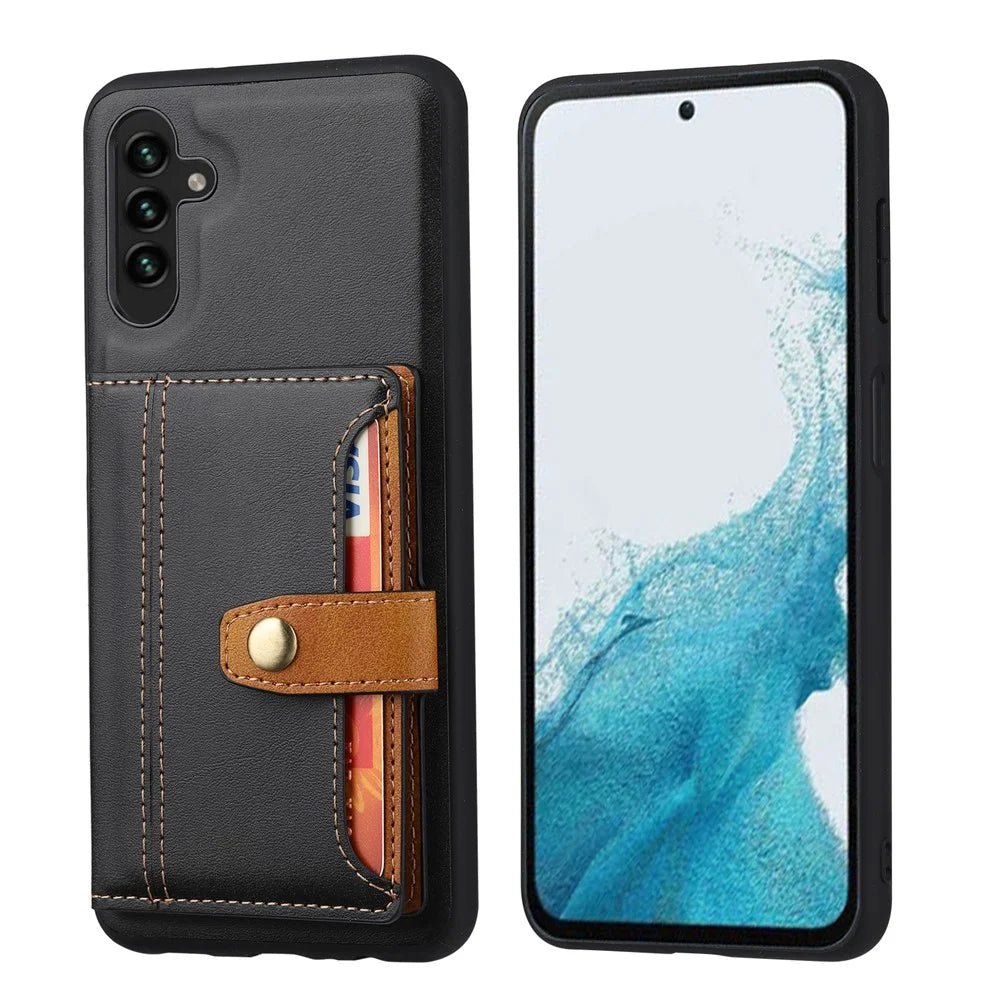 For Samsung Galaxy S26 Case Calf Texture Card Holder PU Leather + TPU Kicsktand Phone Cover - Black - 1
