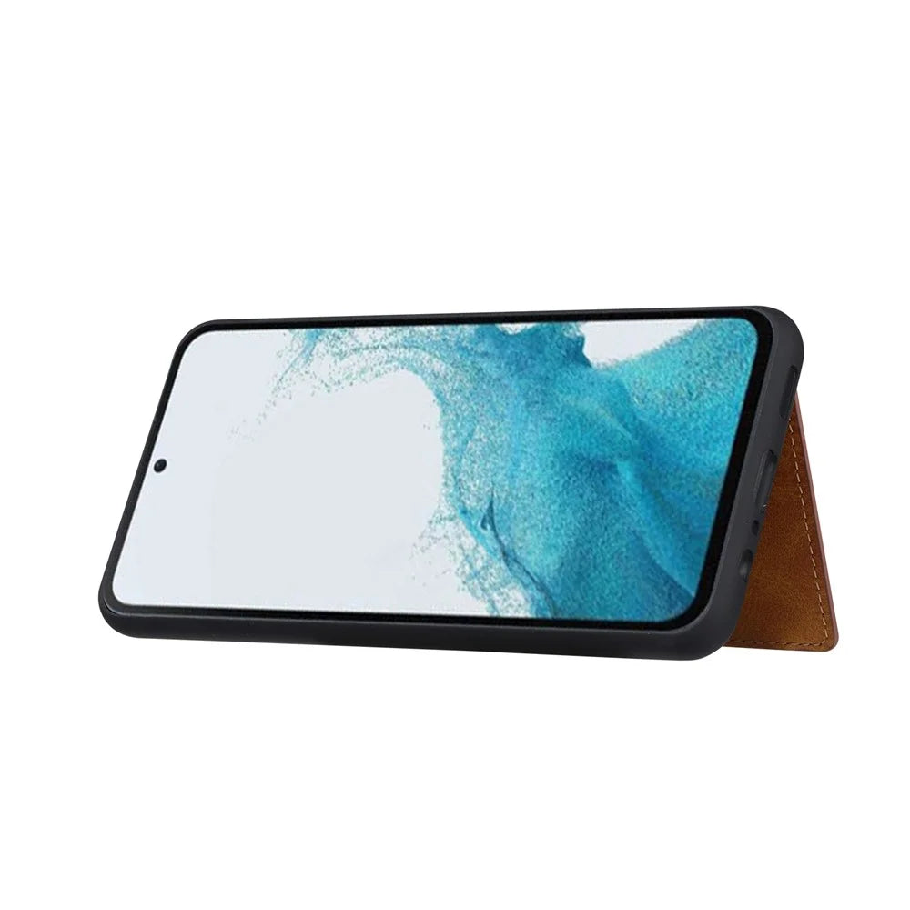 For Samsung Galaxy S26 Case Calf Texture Card Holder PU Leather + TPU Kicsktand Phone Cover - Black - 4