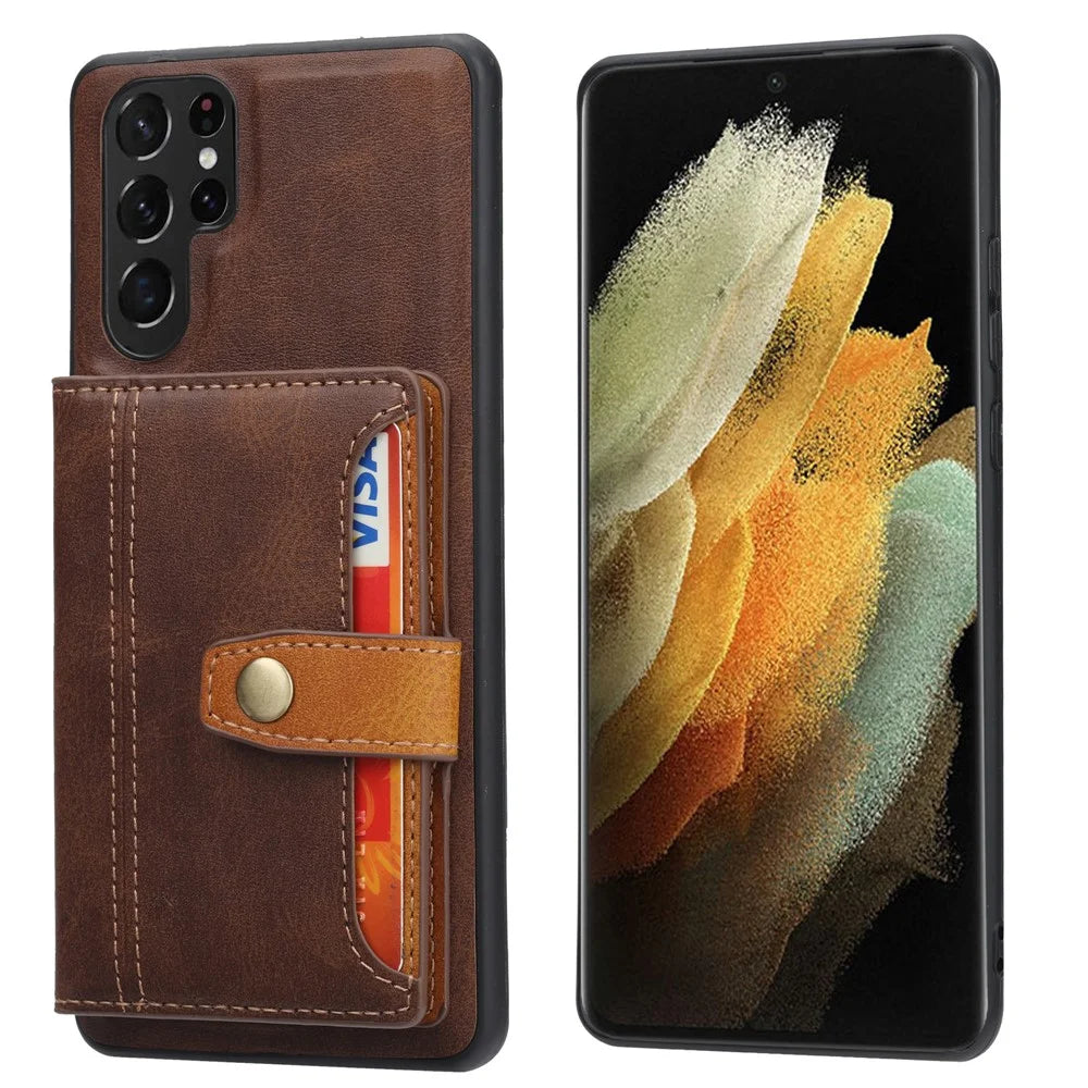 For Samsung Galaxy S26 Ultra Case Calf Texture Card Holder PU Leather + TPU Kicsktand Phone Cover - Brown - 1