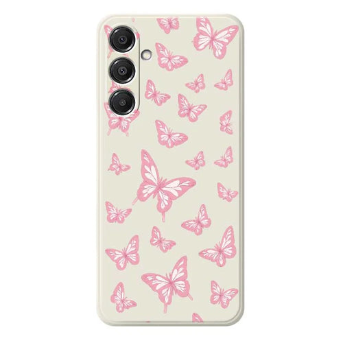 For Samsung Galaxy A57 5G Case Pink Butterflies Pattern Printing Straight Edge TPU Phone Back Cover - Beige - 1