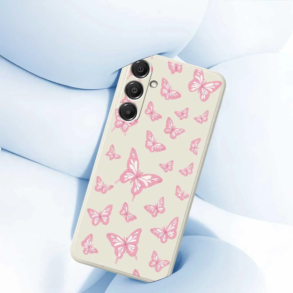 For Samsung Galaxy S26 Case Pink Butterflies Pattern Printing Straight Edge TPU Phone Back Cover - Beige - 5