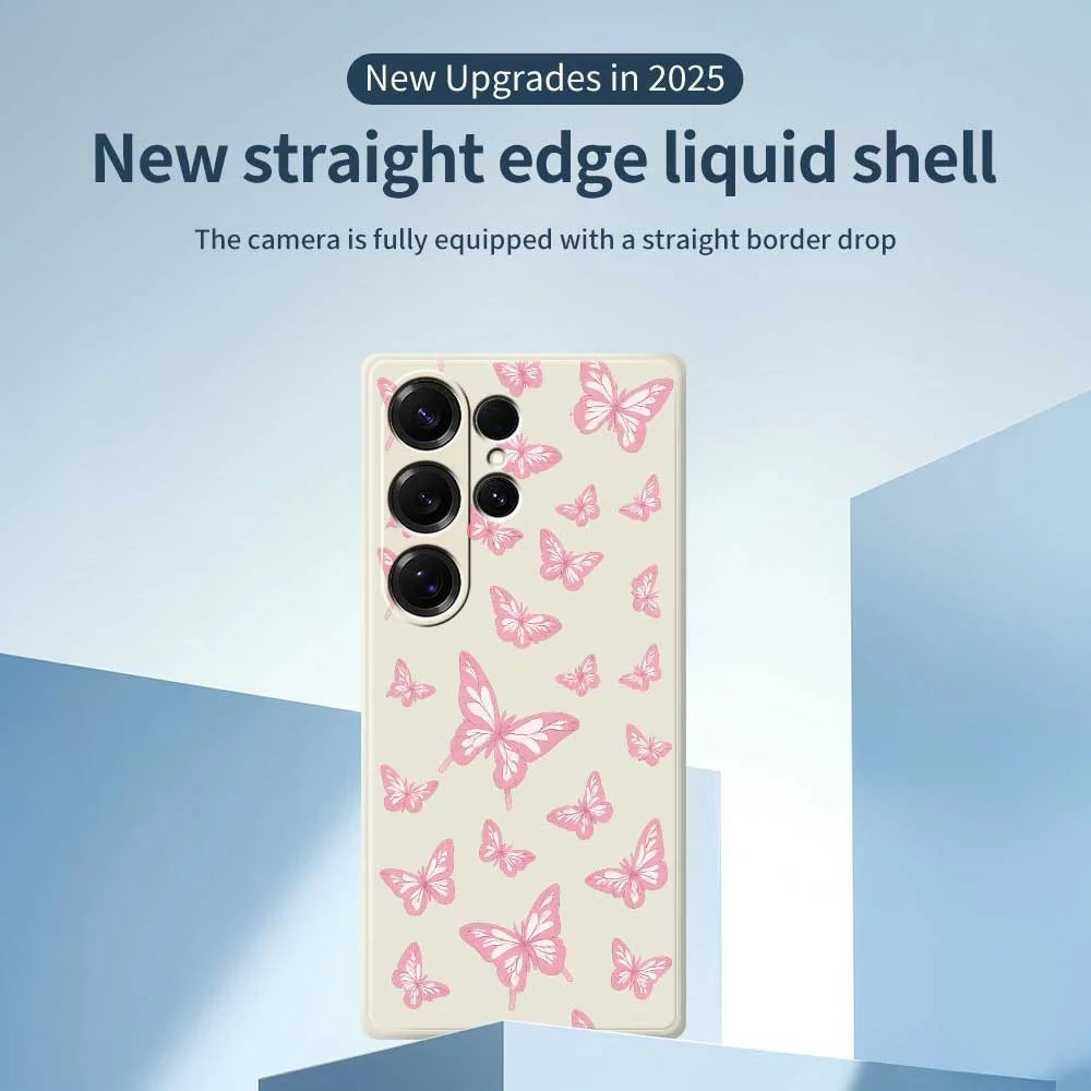 For Samsung Galaxy S26 Ultra Case Pink Butterflies Pattern Printing Straight Edge TPU Phone Back Cover - Beige - 3