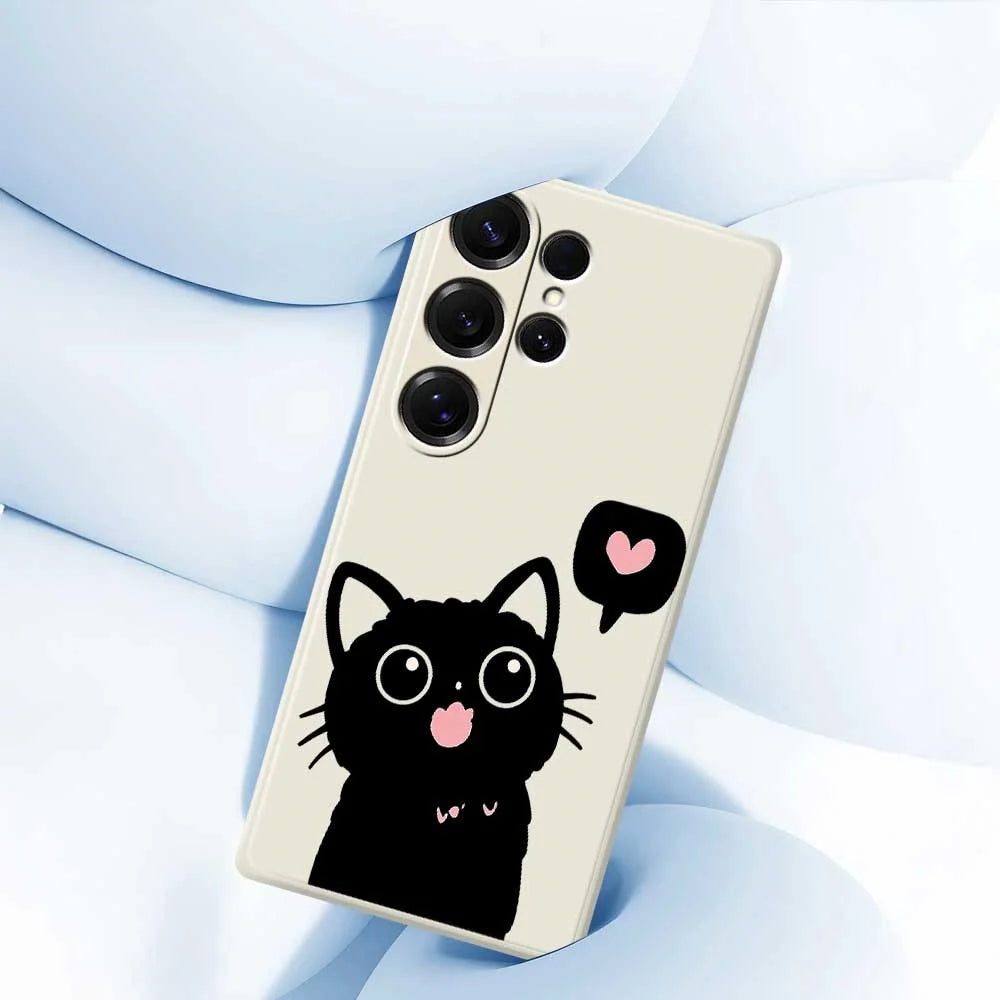 For Samsung Galaxy S26 Ultra Case Love Black Cat Pattern Printing Straight Edge TPU Phone Back Cover - Beige - 5