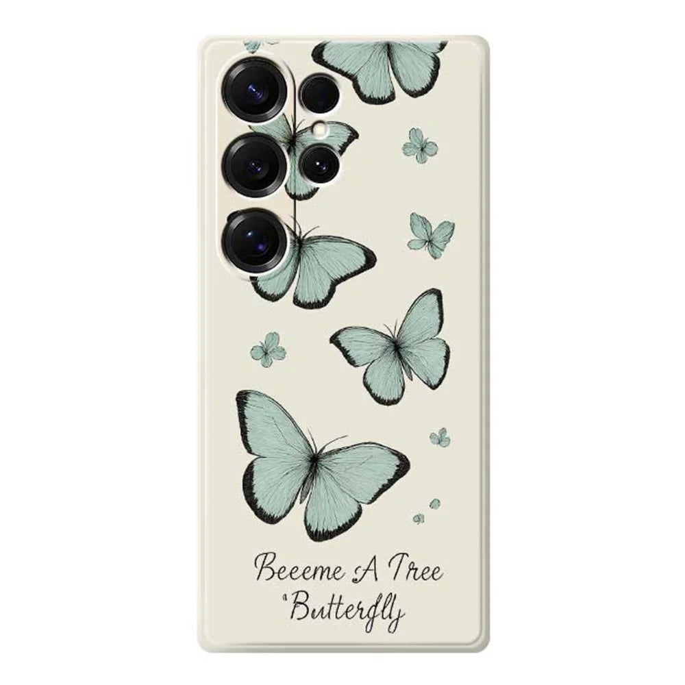 For Samsung Galaxy S26 Ultra Case Green Butterfly Pattern Printing Straight Edge TPU Phone Back Cover - Beige - 1