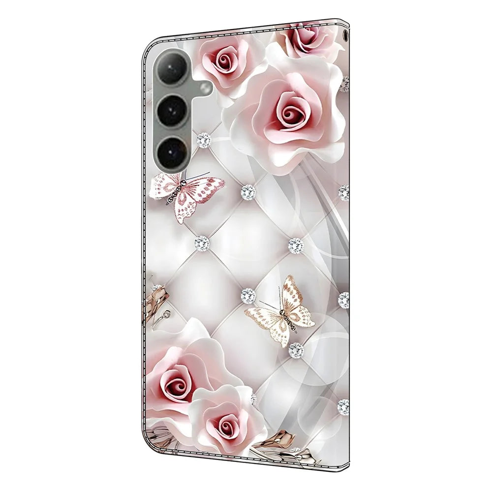 For Samsung Galaxy S26+ Leather Case Pattern Printing Wallet Stand Anti Drop Phone Cover - Pink Butterfly - 7