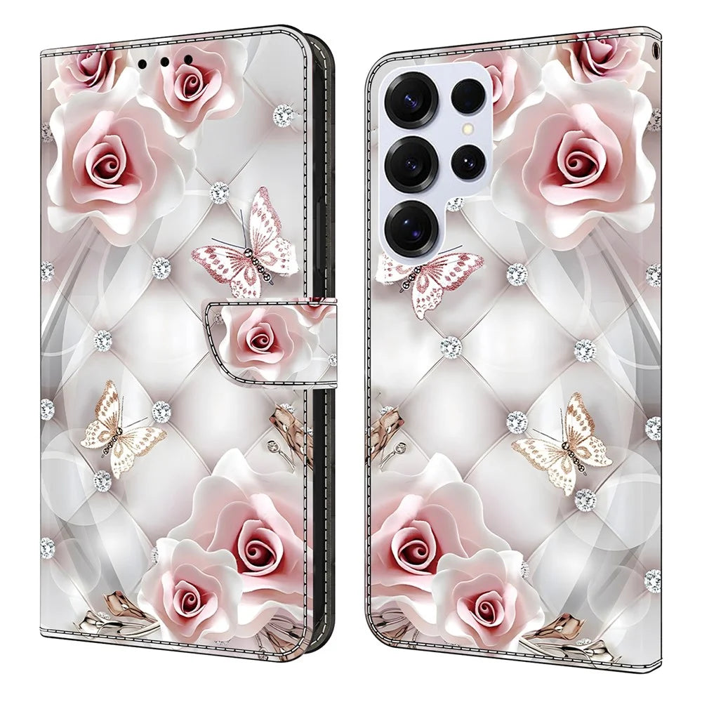 For Samsung Galaxy S26 Ultra Leather Case Pattern Printing Wallet Stand Anti Drop Phone Cover - Pink Butterfly - 1