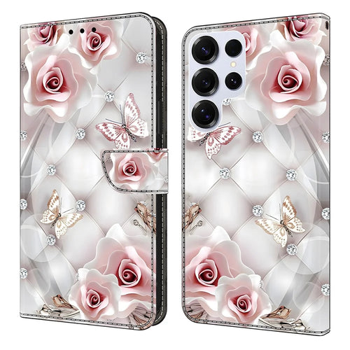 For Samsung Galaxy S26 Ultra Leather Case Pattern Printing Wallet Stand Anti Drop Phone Cover - Pink Butterfly - 1