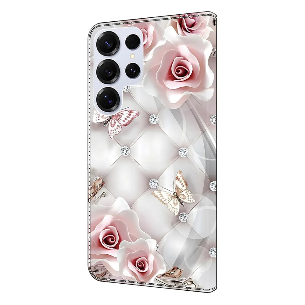 For Samsung Galaxy S26 Ultra Leather Case Pattern Printing Wallet Stand Anti Drop Phone Cover - Pink Butterfly - 7