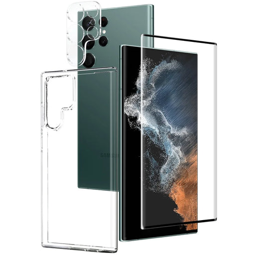 NORTHJO For Samsung Galaxy S22 Ultra 5G TPU Phone Case + Tempered Glass Film + Camera Lens Protector (Support Fingerprint Unlock) - Transparent - 1