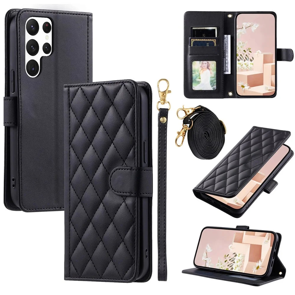 For Samsung Galaxy S26 Ultra Case Wallet Rhombus Grid PU Leather Phone Cover with Shoulder Strap  /  Wrist Strap - Black - 1