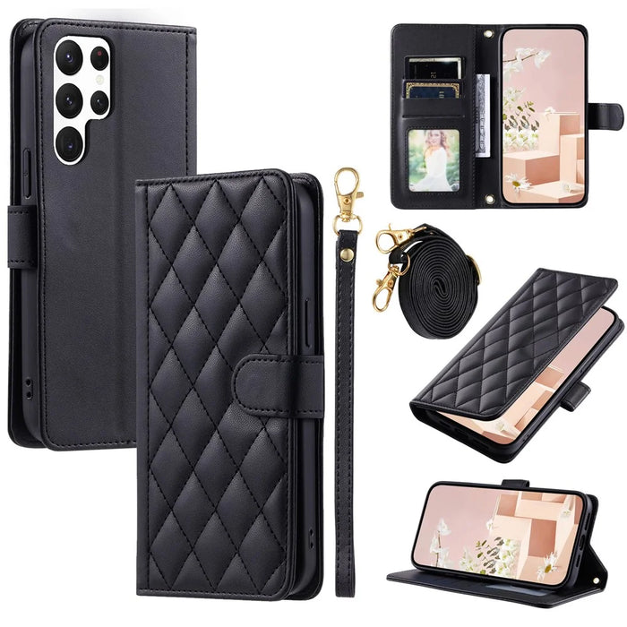 For Samsung Galaxy S26 Ultra Case Wallet Rhombus Grid PU Leather Phone Cover with Shoulder Strap  /  Wrist Strap - Black - 1