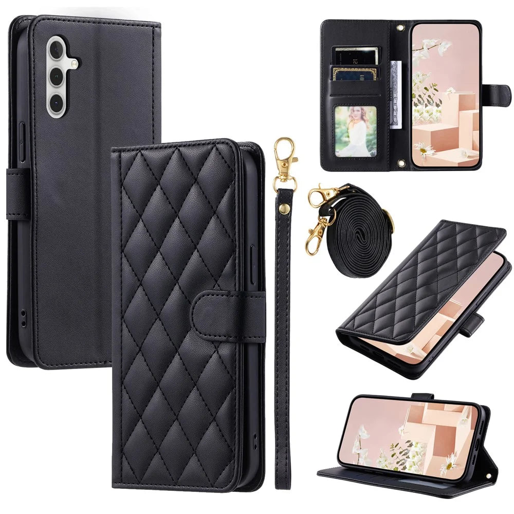 For Samsung Galaxy S26+ Case Wallet Rhombus Grid PU Leather Phone Cover with Shoulder Strap  /  Wrist Strap - Black - 1