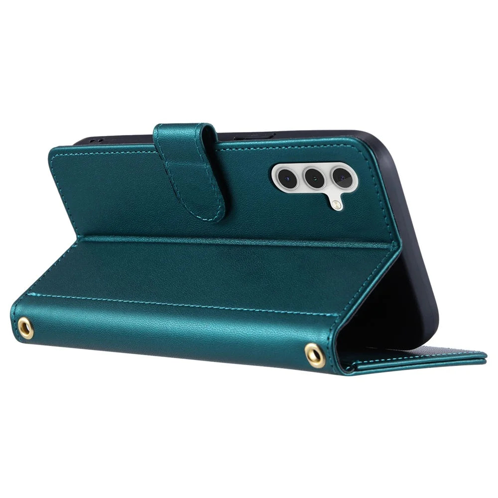 For Samsung Galaxy S26 Case Wallet Rhombus Grid PU Leather Phone Cover with Shoulder Strap  /  Wrist Strap - Green - 3
