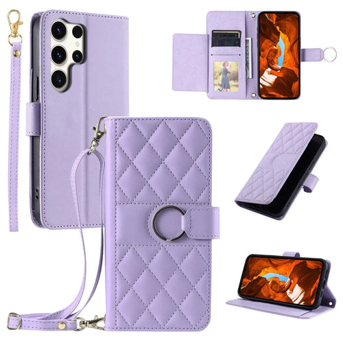For Samsung Galaxy S26 Ultra Case Ring Buckle Wallet Stand Rhombus Crossbody Leather Mobile Cover - Purple - 1