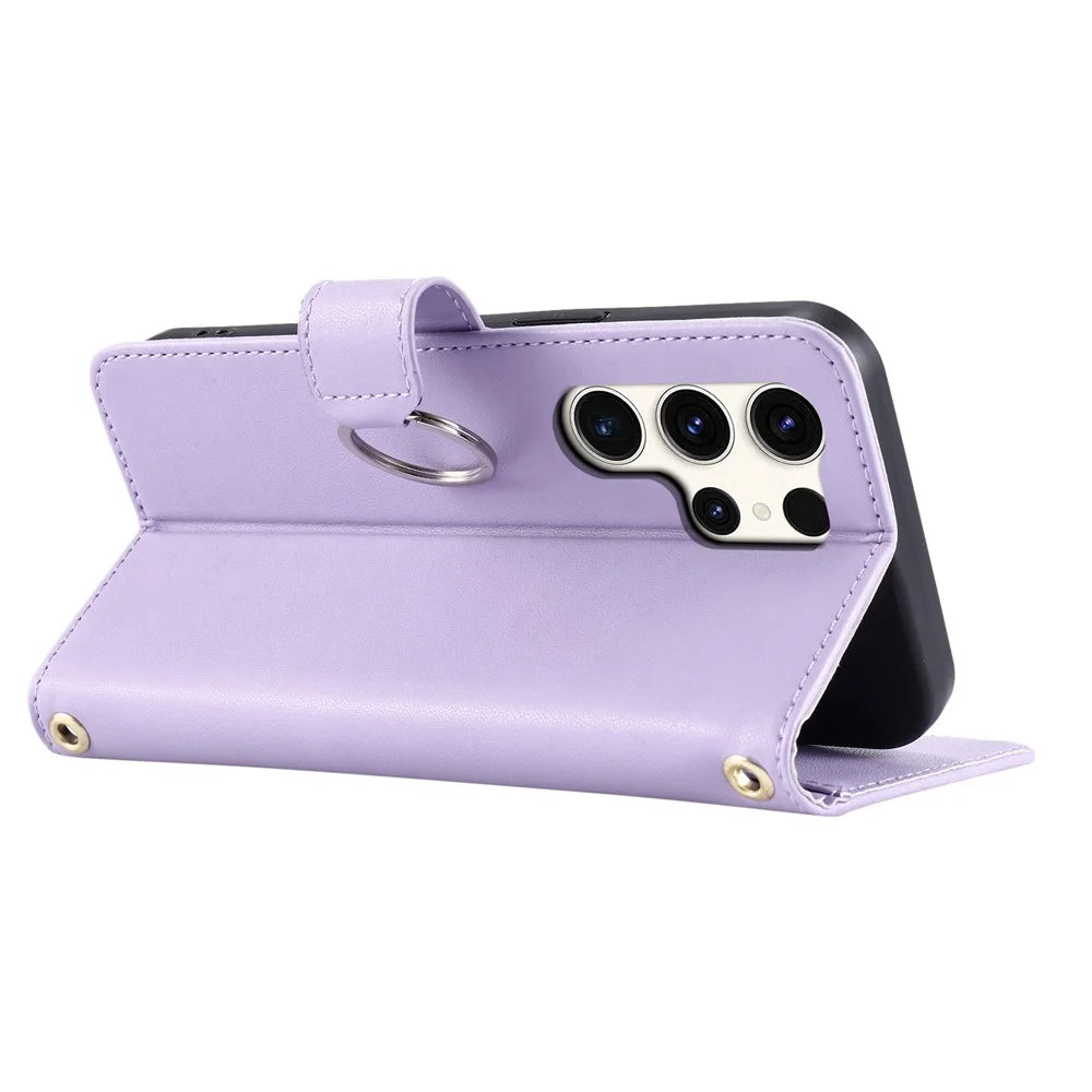 For Samsung Galaxy S26 Ultra Case Ring Buckle Wallet Stand Rhombus Crossbody Leather Mobile Cover - Purple - 5