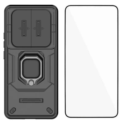WANLONFENG For Xiaomi Redmi Note 15 Pro 4G (Global) Case  ZDX Series PC TPU Kickstand Phone Back Case with Lens Cover + Tempered Glass - Black - 1