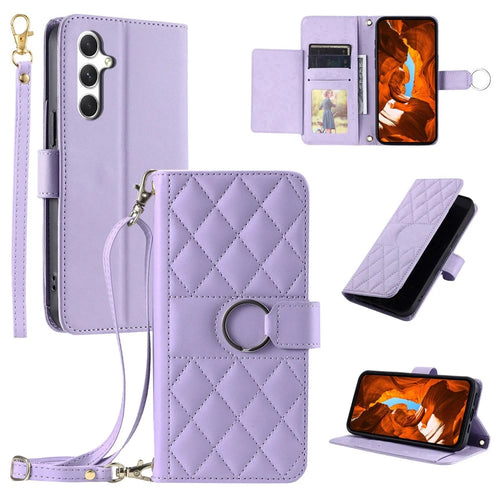 For Samsung Galaxy S26+ Case Ring Buckle Wallet Stand Rhombus Crossbody Leather Mobile Cover - Purple - 1