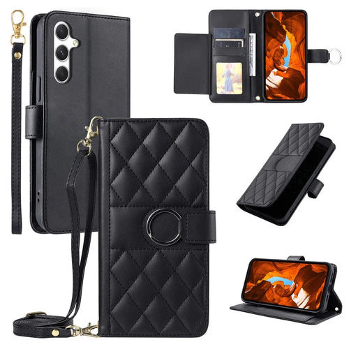 For Samsung Galaxy S26 Case Ring Buckle Wallet Stand Rhombus Crossbody Leather Mobile Cover - Black - 1