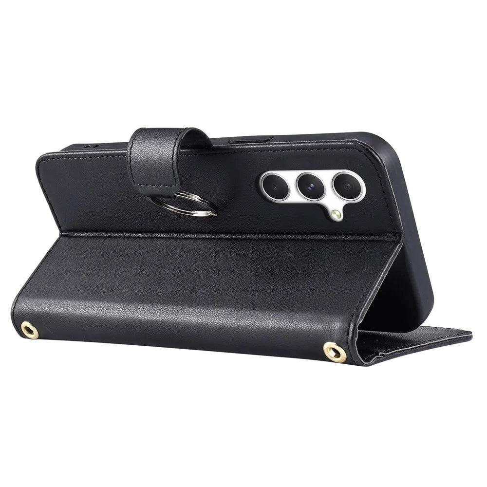 For Samsung Galaxy S26 Case Ring Buckle Wallet Stand Rhombus Crossbody Leather Mobile Cover - Black - 5