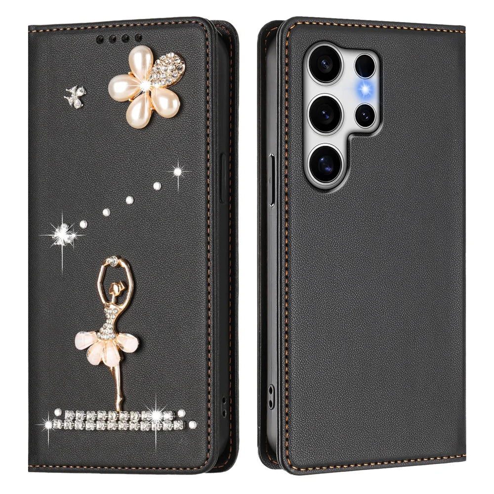 For Samsung Galaxy S25 Ultra Leather Case RFID Blocking Wallet Stand Rhinestones Ballet Dancer Flip Phone Cover - Black - 1