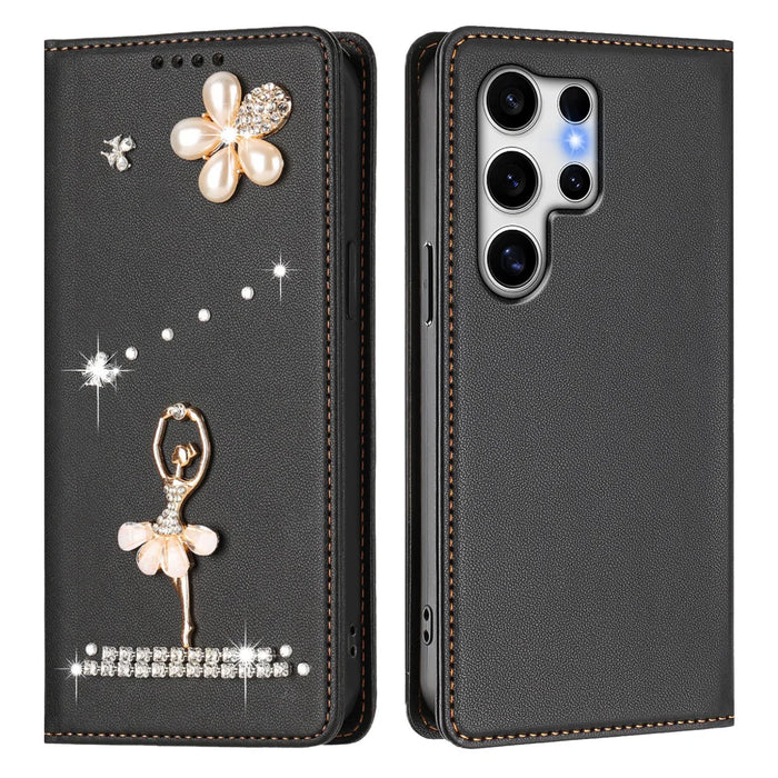 For Samsung Galaxy S25 Ultra Leather Case RFID Blocking Wallet Stand Rhinestones Ballet Dancer Flip Phone Cover - Black - 1