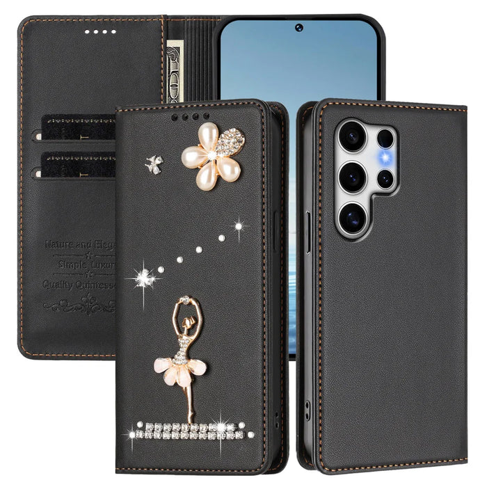 For Samsung Galaxy S25 Ultra Leather Case RFID Blocking Wallet Stand Rhinestones Ballet Dancer Flip Phone Cover - Black - 2