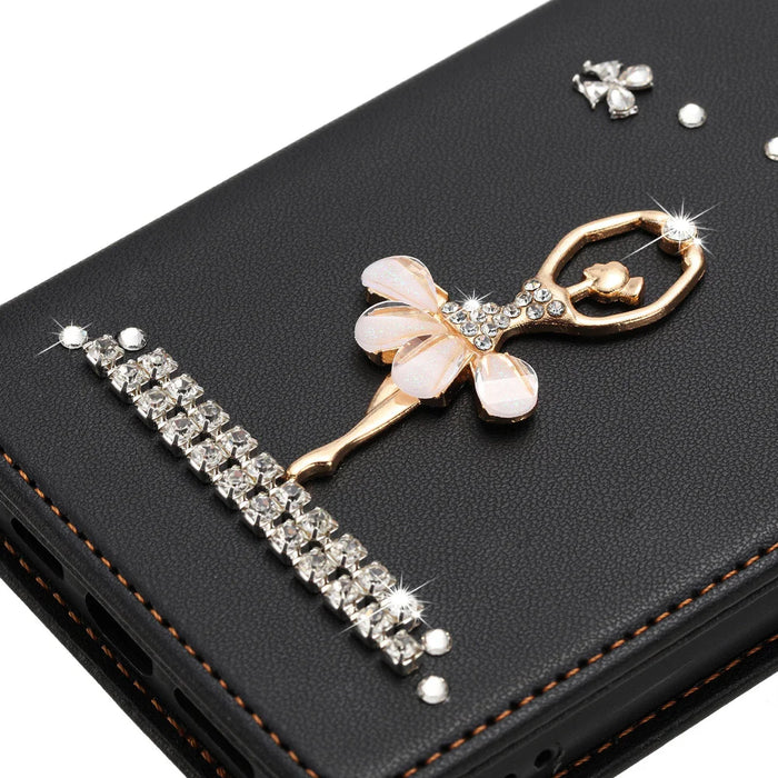 For Samsung Galaxy S25 Ultra Leather Case RFID Blocking Wallet Stand Rhinestones Ballet Dancer Flip Phone Cover - Black - 4