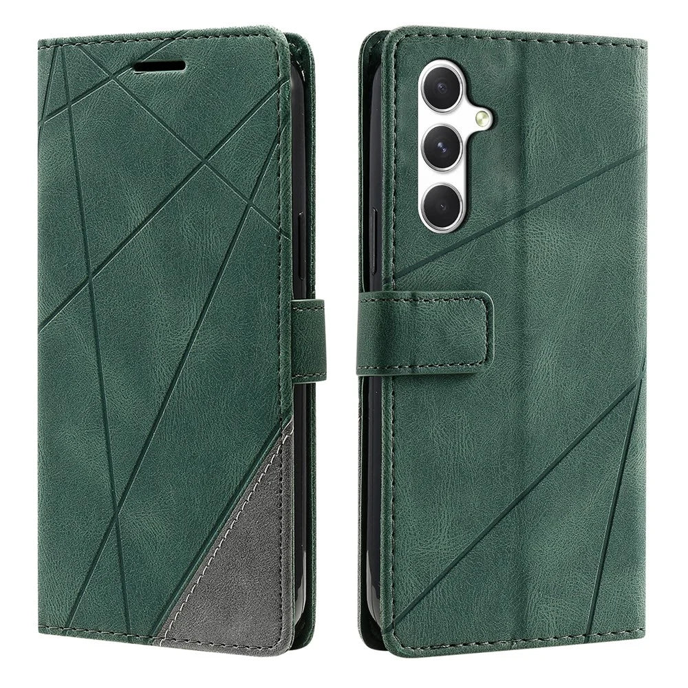 For Samsung Galaxy S26 Case Imprinted Lines PU Leather Splicing Wallet Phone Cover - Green - 1
