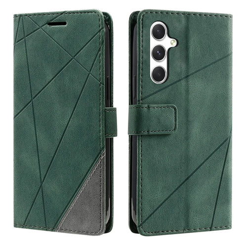 For Samsung Galaxy S26 Case Imprinted Lines PU Leather Splicing Wallet Phone Cover - Green - 1