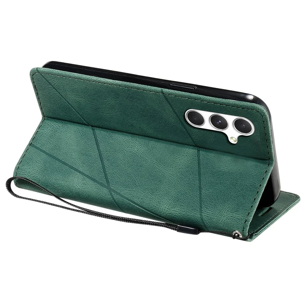 For Samsung Galaxy S26 Case Imprinted Lines PU Leather Splicing Wallet Phone Cover - Green - 4